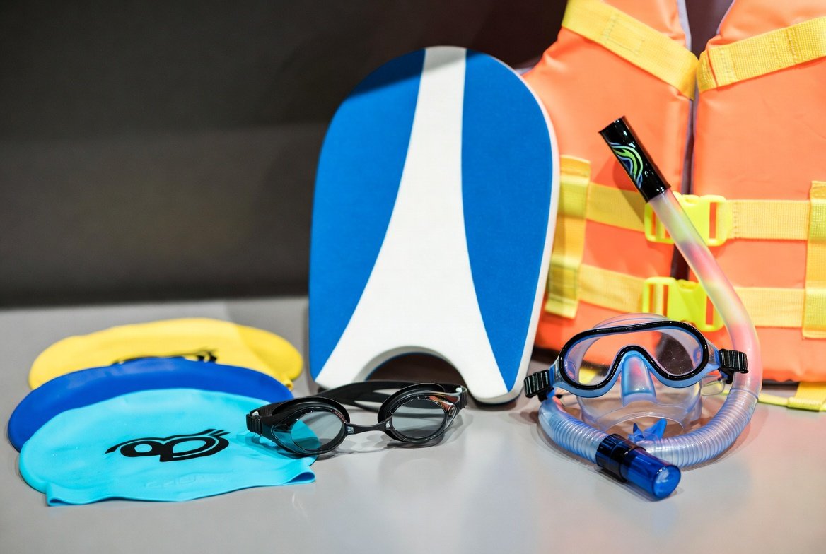 Water sports gear including swimming goggles and accessories