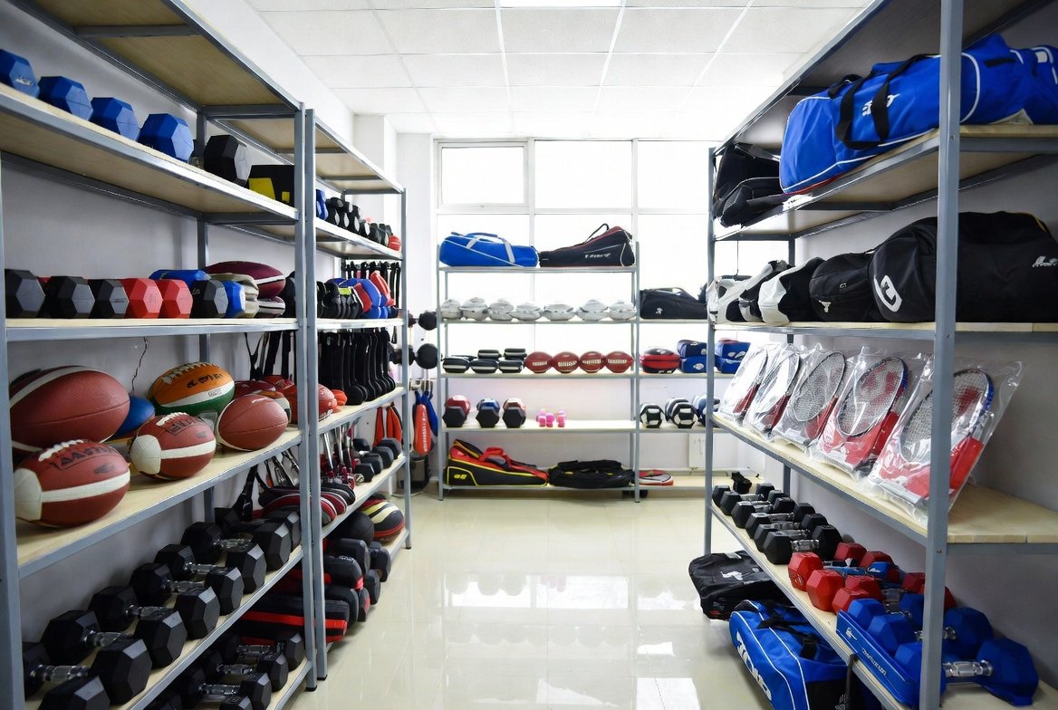 Sporting goods display in a Singapore wholesale showroom